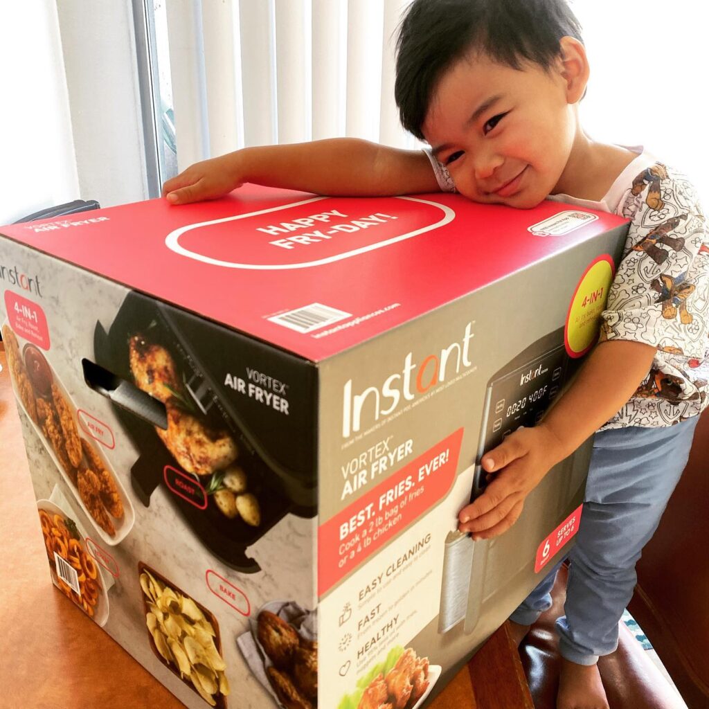 view of instant vortex air fryer with stainless steel basket tried and tested for several week unboxing purchased package arrival at home testing experience