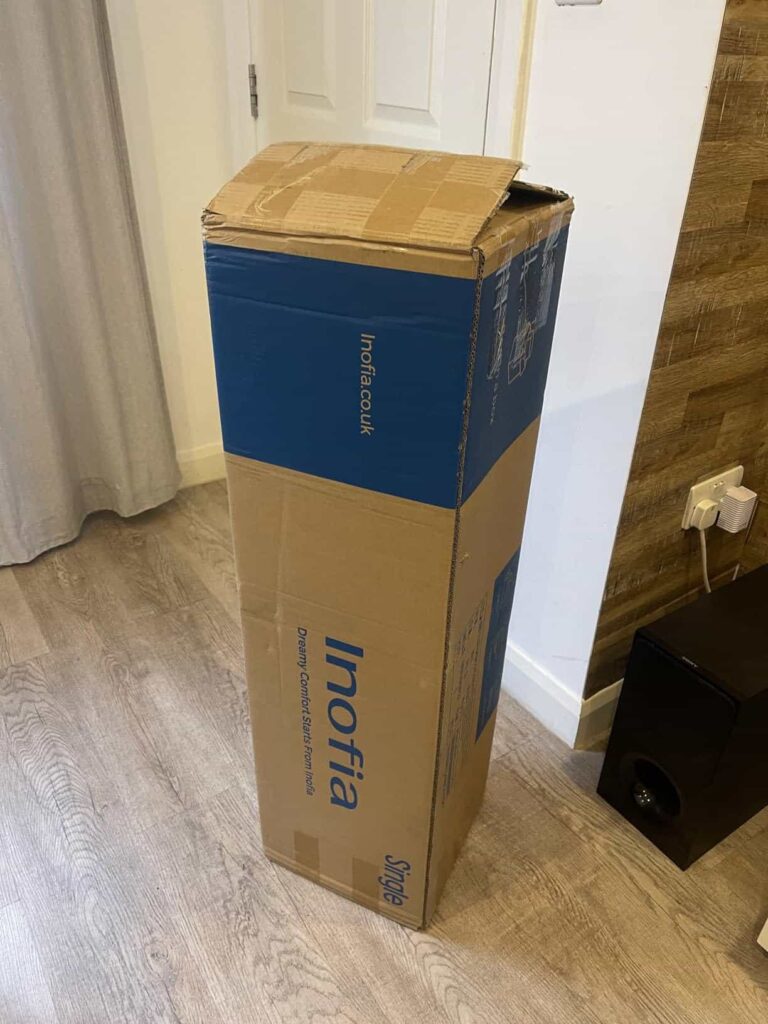 view-of-unboxed-the-Inofia Double Mattress under £200 uk-tried-and-tested-for-several-week-unboxing-purchased-package-arrival-at-home-testing-experience-